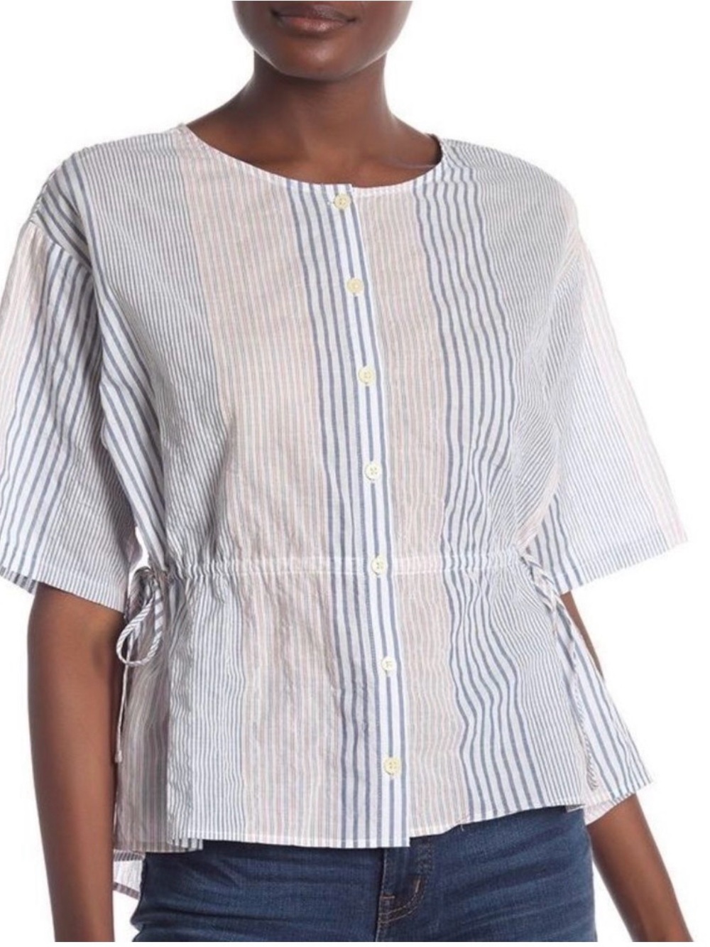 Madewell Atlantic Stripe Drawstring Waist Top in a white, blue, and red